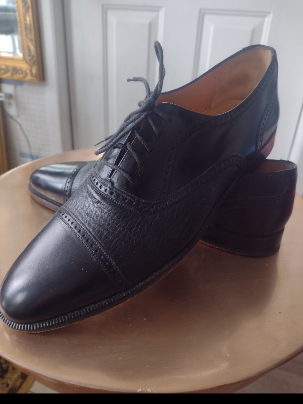 Mezlan Black Leather Cap-Toe Derby with Brogue Detailing